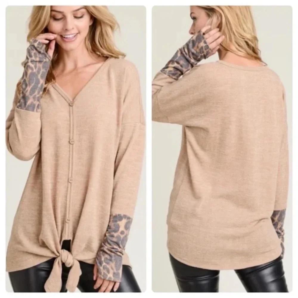 "The Jen" Beige Leopard Print Thumb Hole Top - Picture 1 of 5